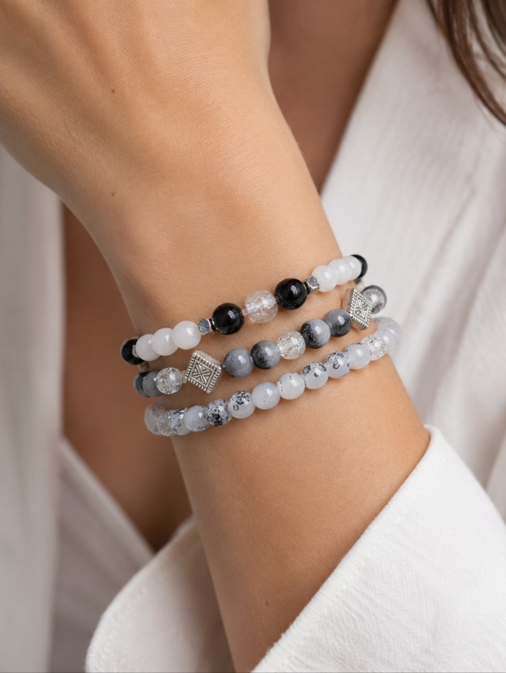 Elegant Black and White Beaded Stack Bracelet Set